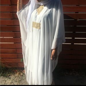 Elegant White and Gold Embroidered butterfly Abaya